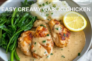 EASY CREAMY GARLIC CHICKEN plated with mashed potatoes steamed greens and lemon wedge