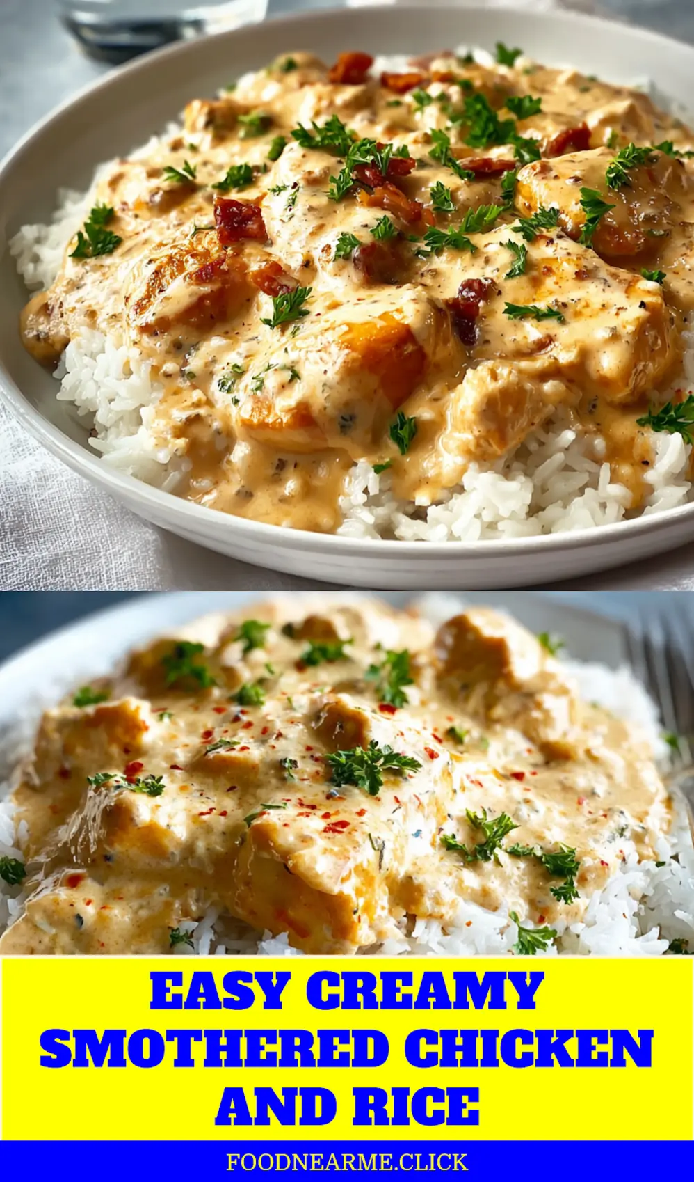 Easy Creamy Smothered Chicken and Rice: Must-Try Recipe 3 EASY CREAMY SMOTHERED CHICKEN AND RICE plated on white cloth with glass of water, warm tones_pin