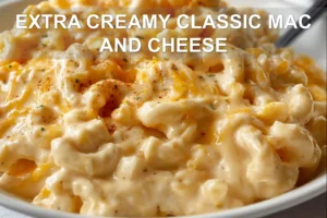 EXTRA CREAMY CLASSIC MAC AND CHEESE close up creamy macaroni with melted cheddar and Monterey Jack