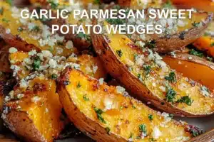 Garlic Parmesan Sweet Potato Wedges You'll Love GARLIC PARMESAN SWEET POTATO WEDGES centered hero view, clean and uncluttered