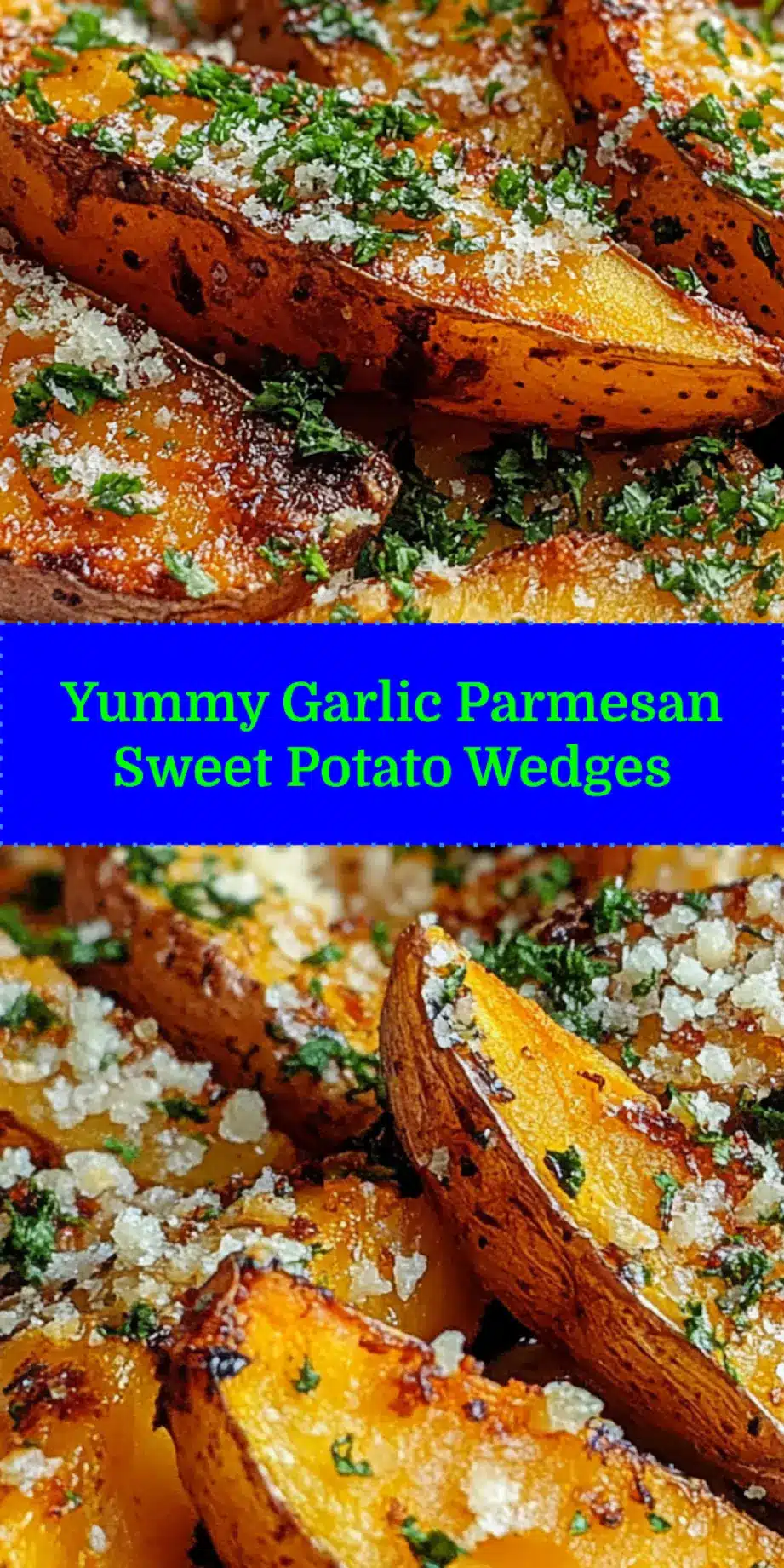 GARLIC PARMESAN SWEET POTATO WEDGES centered hero view, clean and uncluttered_pin