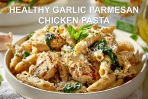 HEALTHY GARLIC PARMESAN CHICKEN PASTA close up plated whole wheat penne with chicken and spinach