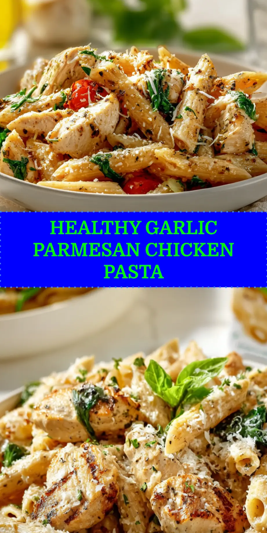HEALTHY GARLIC PARMESAN CHICKEN PASTA close up plated whole wheat penne with chicken and spinach_pin