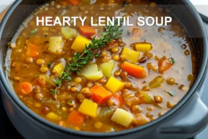 HEARTY LENTIL SOUP centered hero view, clean and uncluttered
