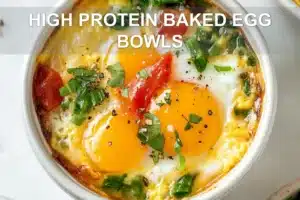 HIGH PROTEIN BAKED EGG BOWLS centered hero view, clean and uncluttered
