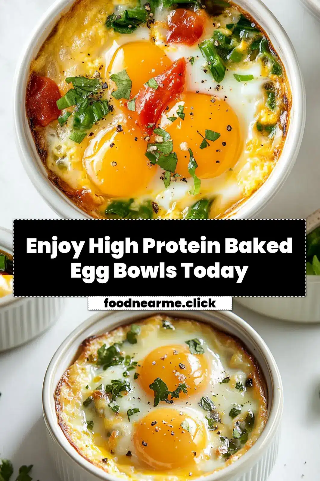 High Protein Baked Egg Bowls: Easy Delicious Meal Prep 3 HIGH PROTEIN BAKED EGG BOWLS centered hero view, clean and uncluttered_pin