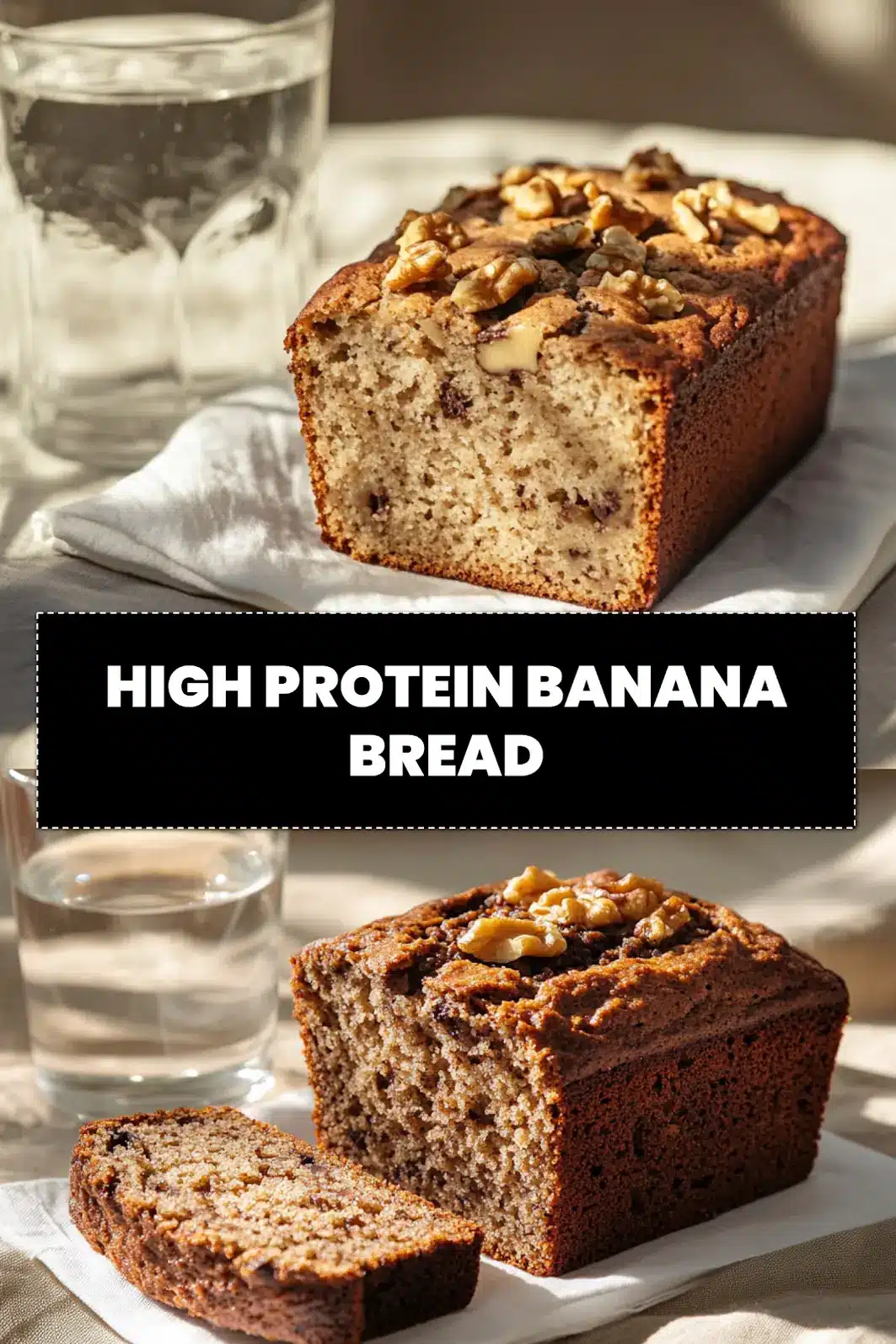 HIGH PROTEIN BANANA BREAD hero loaf on white cloth warm natural light shallow depth_pin