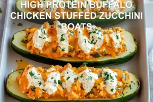 HIGH PROTEIN BUFFALO CHICKEN STUFFED ZUCCHINI BOATS centered hero view, clean and uncluttered