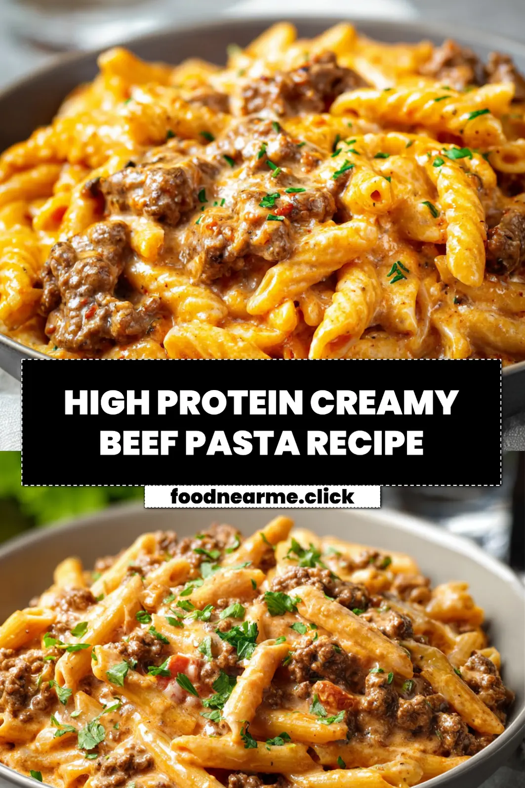 HIGH PROTEIN CREAMY BEEF PASTA RECIPE plated penne with ground beef creamy yogurt sauce fresh herbs_pin