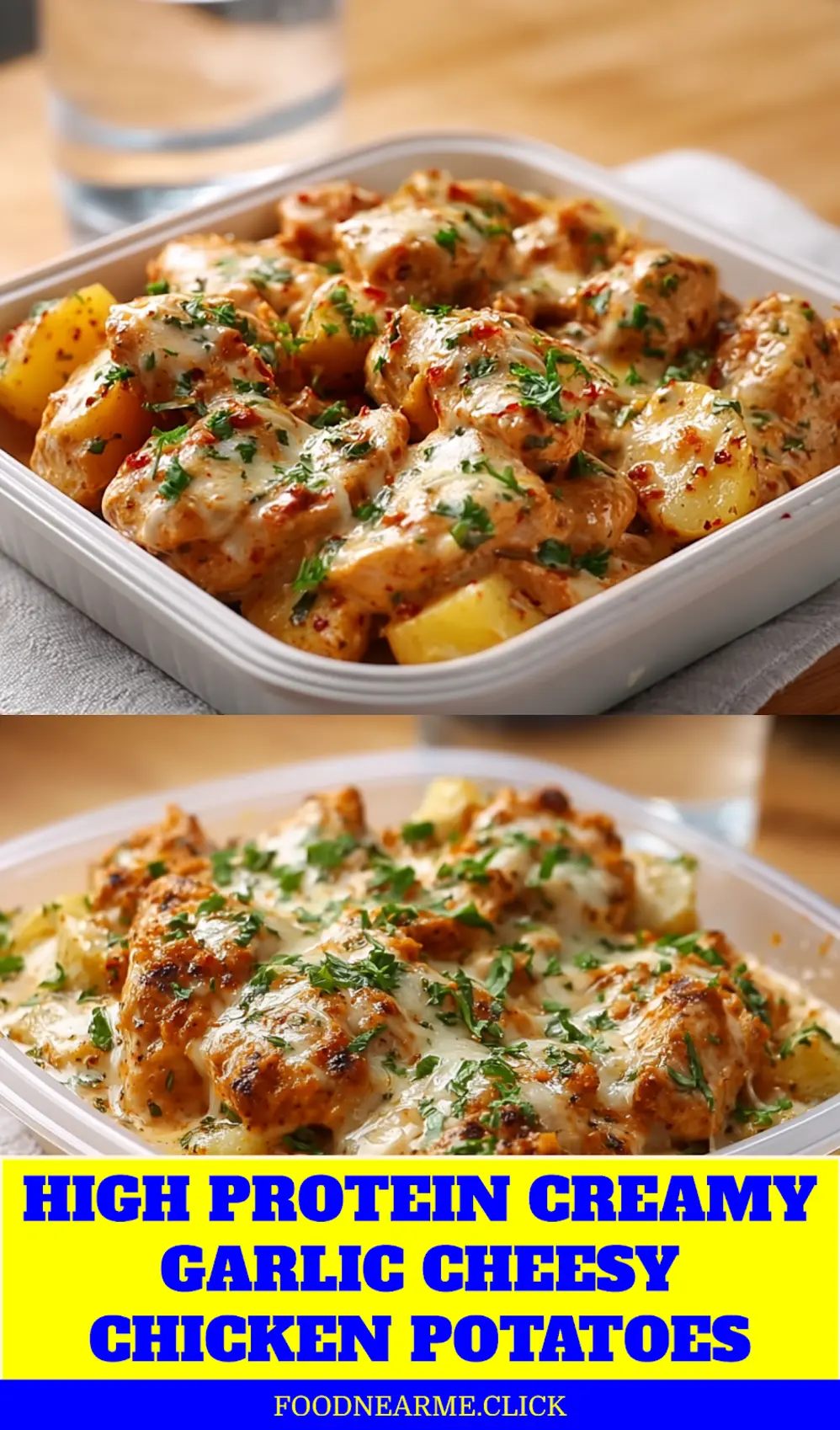 HIGH PROTEIN CREAMY GARLIC CHEESY CHICKEN POTATOES close up plated creamy garlic cheese chicken with potatoes_pin