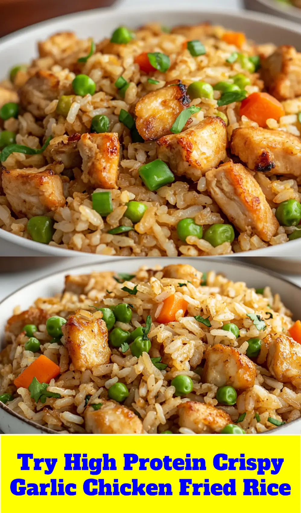 HIGH PROTEIN CRISPY GARLIC CHICKEN FRIED RICE centered hero view, clean and uncluttered_pin