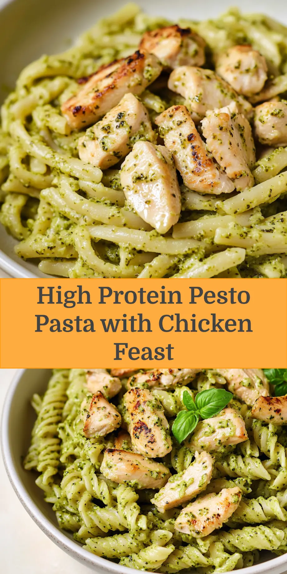 HIGH PROTEIN PESTO PASTA WITH CHICKEN centered hero view, clean and uncluttered_pin