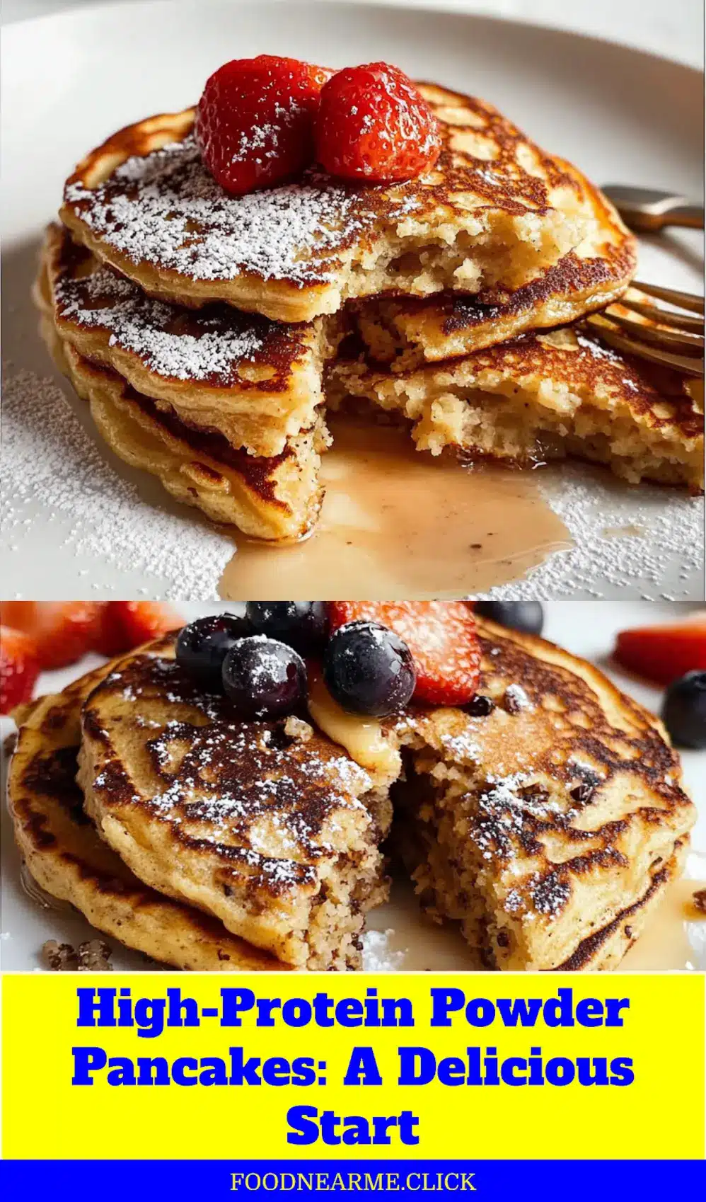 HIGH PROTEIN POWDER PANCAKES centered hero view, clean and uncluttered_pin