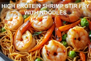 High-Protein Shrimp Stir Fry with Noodles: Easy Delicious Meal HIGH PROTEIN SHRIMP STIR FRY WITH NOODLES centered hero view, clean and uncluttered