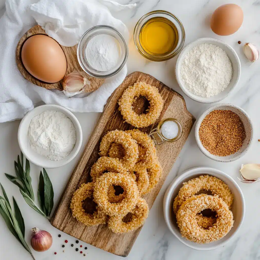 AIR FRYER CRISPY ONIONS golden onion rings on white napkin with clear glass of water