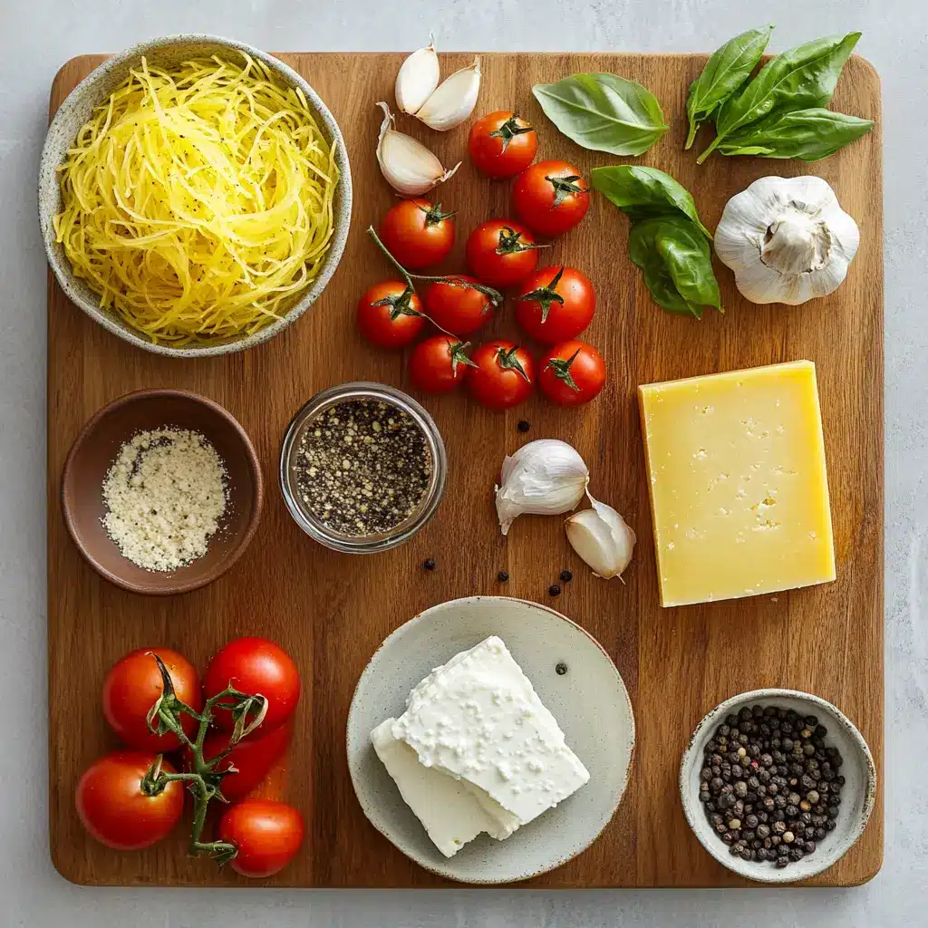 BAKED FETA SPAGHETTI SQUASH centered hero view, clean and uncluttered