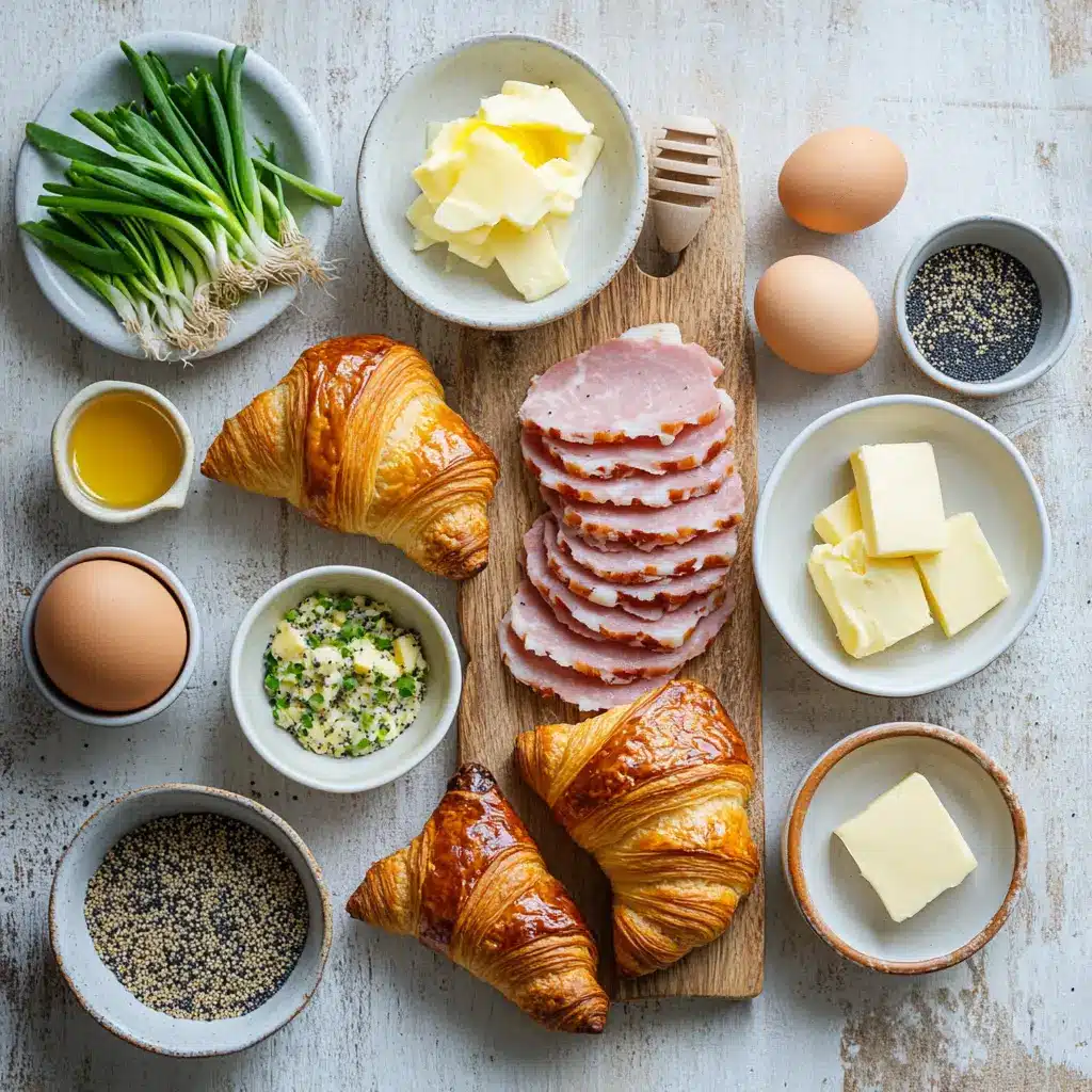 BAKED HAM AND CHEESE CROISSANTS centered hero view, clean and uncluttered
