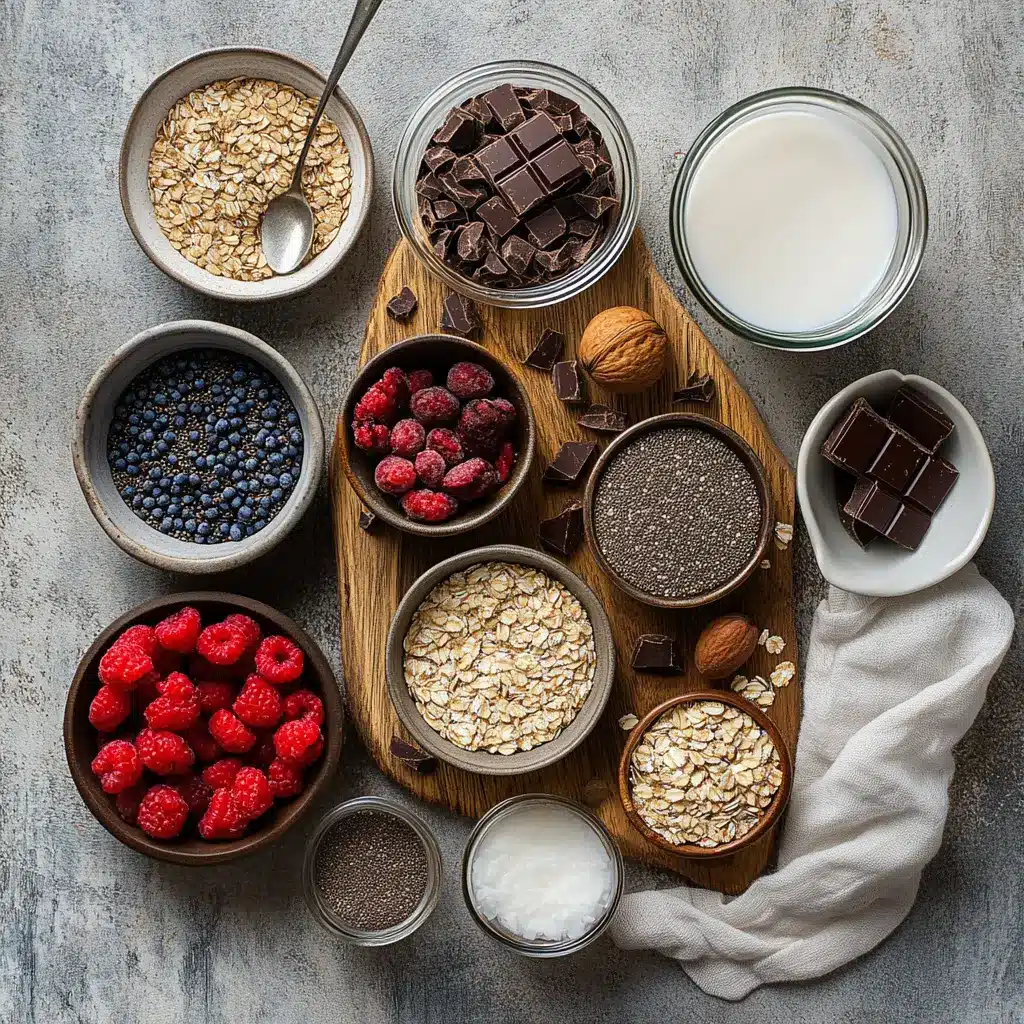 BROWNIE BATTER OVERNIGHT OATS creamy chocolate oats topped with berries dates dark chocolate and coconut flakes