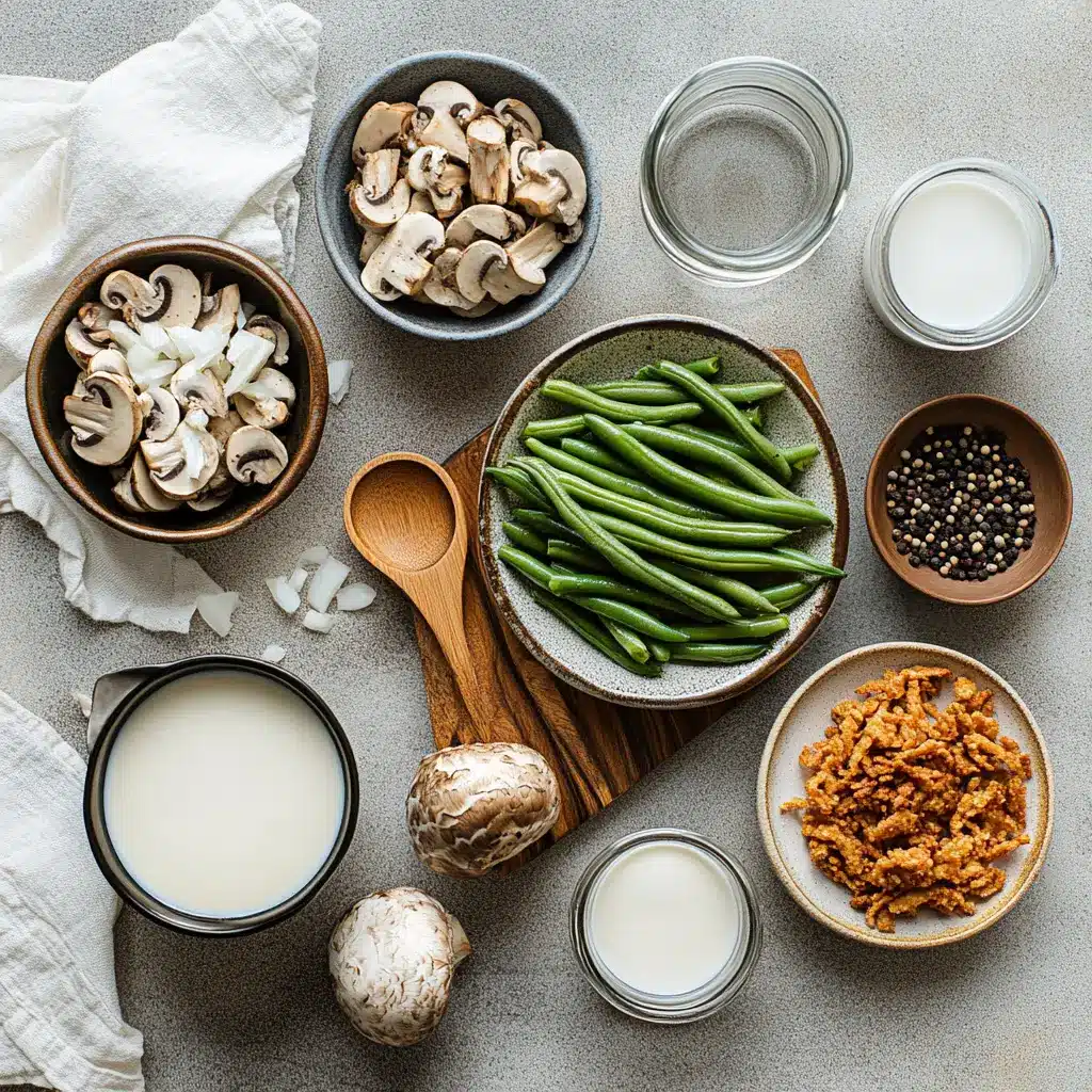 CAMPBELLS GREEN BEAN CASSEROLE creamy mushroom green beans topped with crispy fried onions in warm light