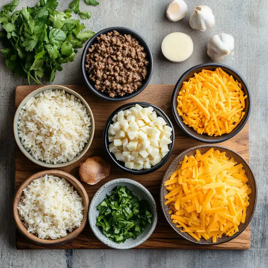 CHEESY HAMBURGER RICE CASSEROLE RECIPE centered hero view, clean and uncluttered