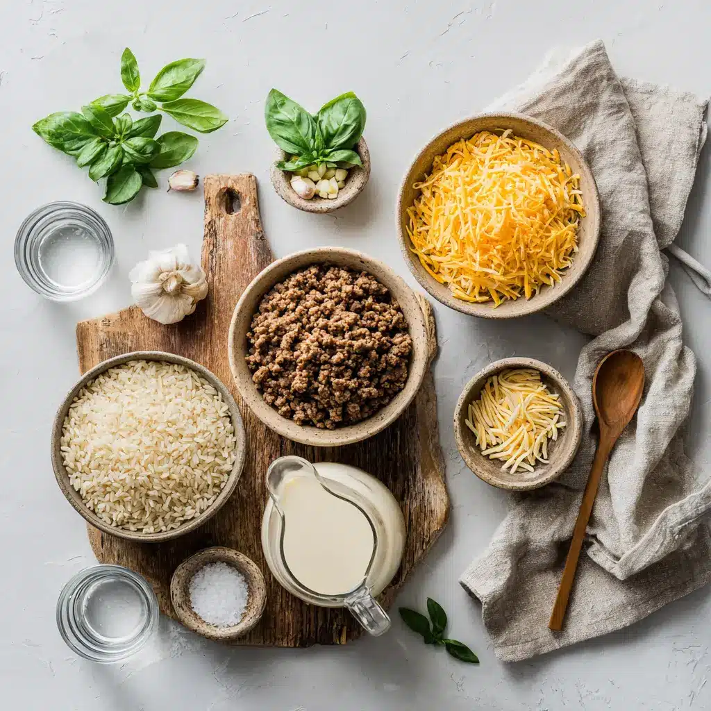 CHEESY HAMBURGER RICE CASSEROLE creamy baked casserole with melted cheddar and fresh herbs
