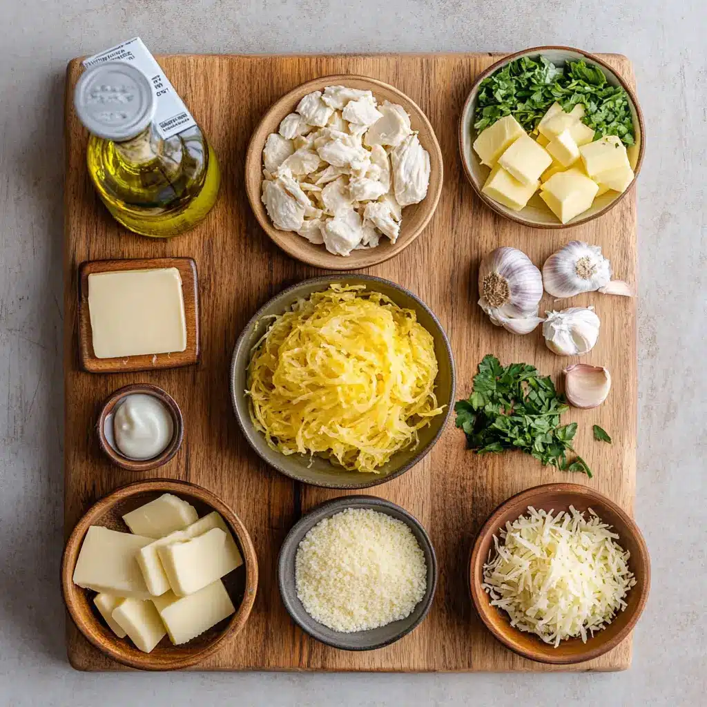 CHICKEN ALFREDO SPAGHETTI SQUASH RECIPE centered hero view, clean and uncluttered