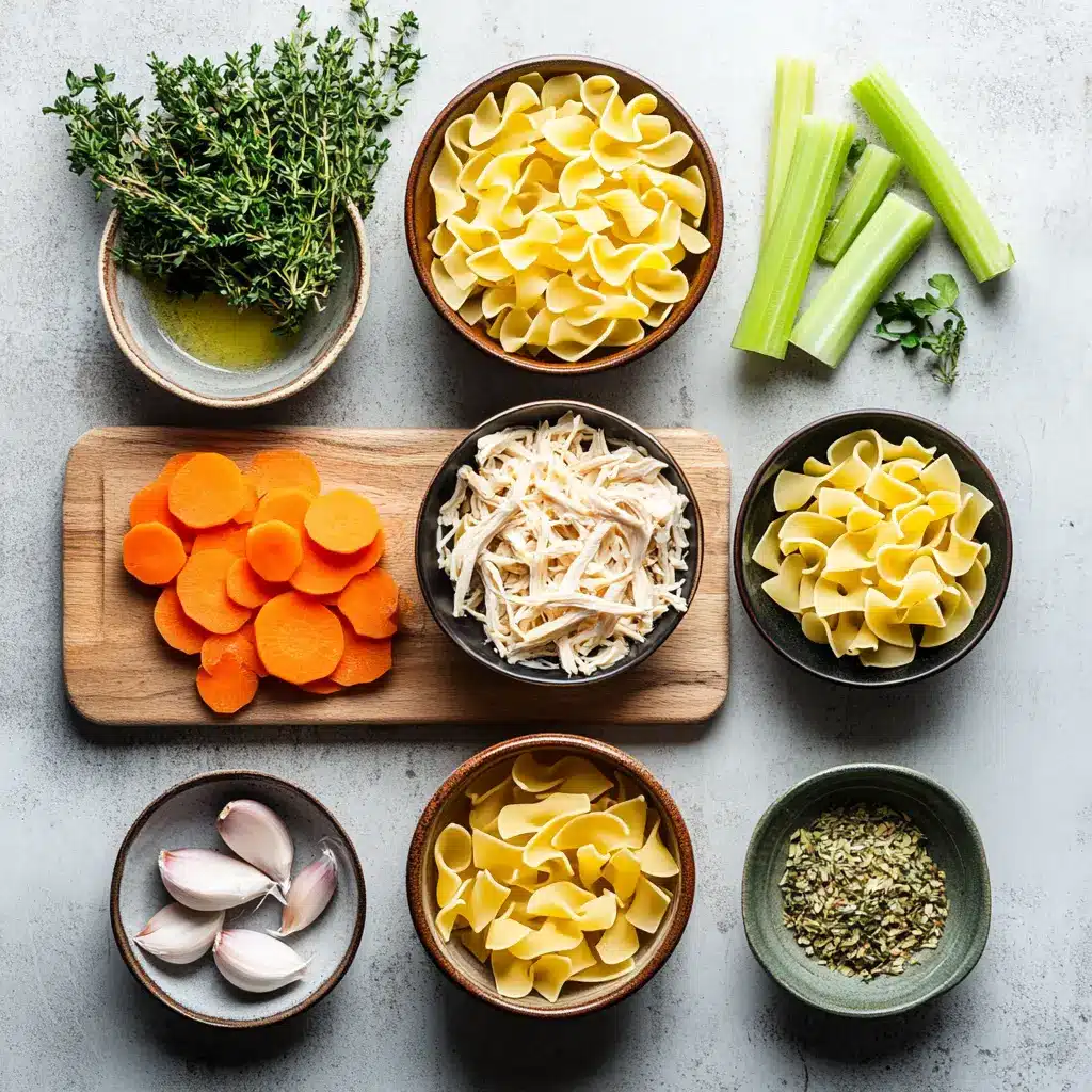 CHICKEN NOODLE SOUP WITH EGG NOODLES centered hero view, clean and uncluttered