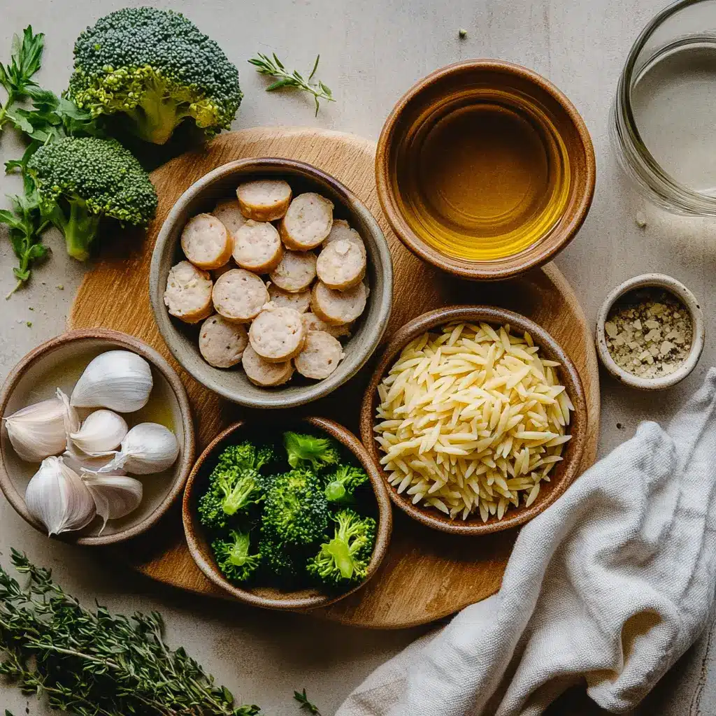 CHICKEN SAUSAGE AND BROCCOLI ORZO plated, warm natural light, white cloth, shallow depth of field