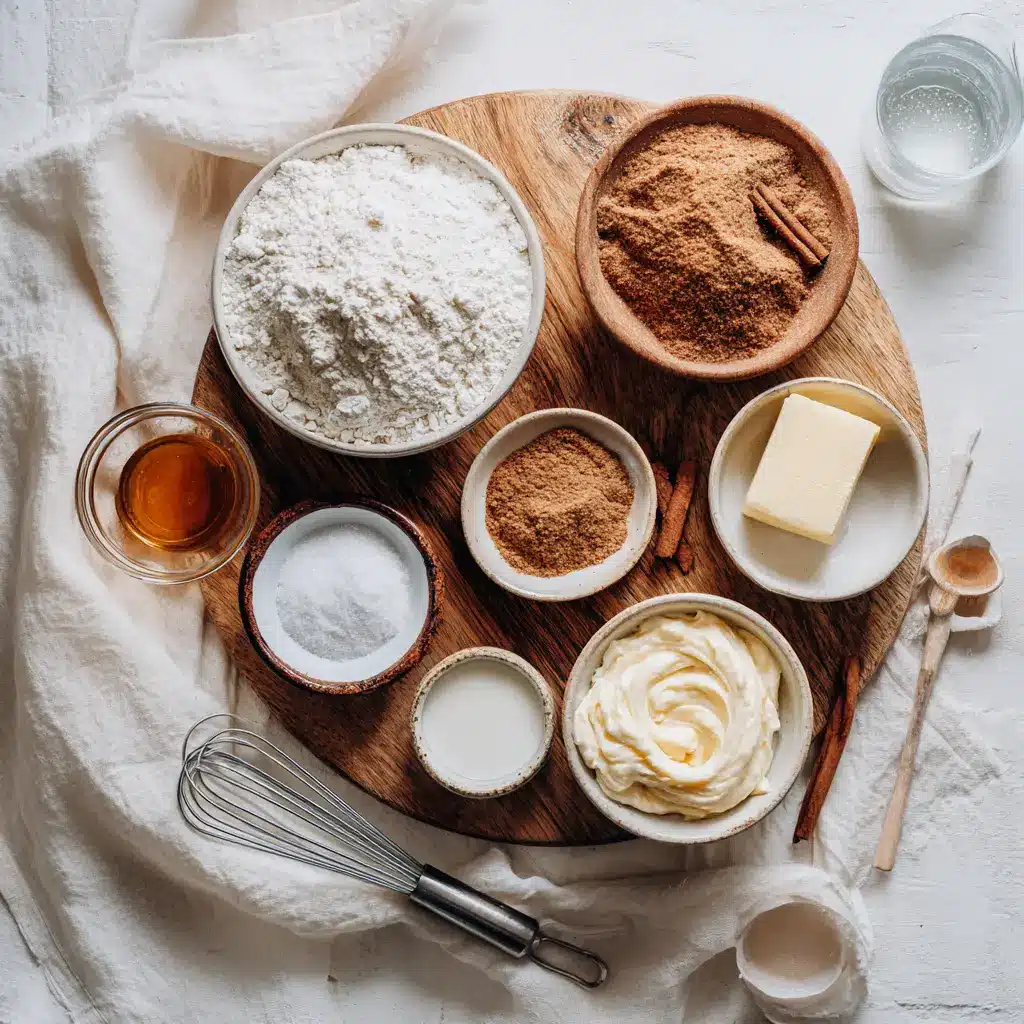 CINNAMON ROLL PANCAKES stacked with maple syrup and delicate white cheese glaze on white cloth