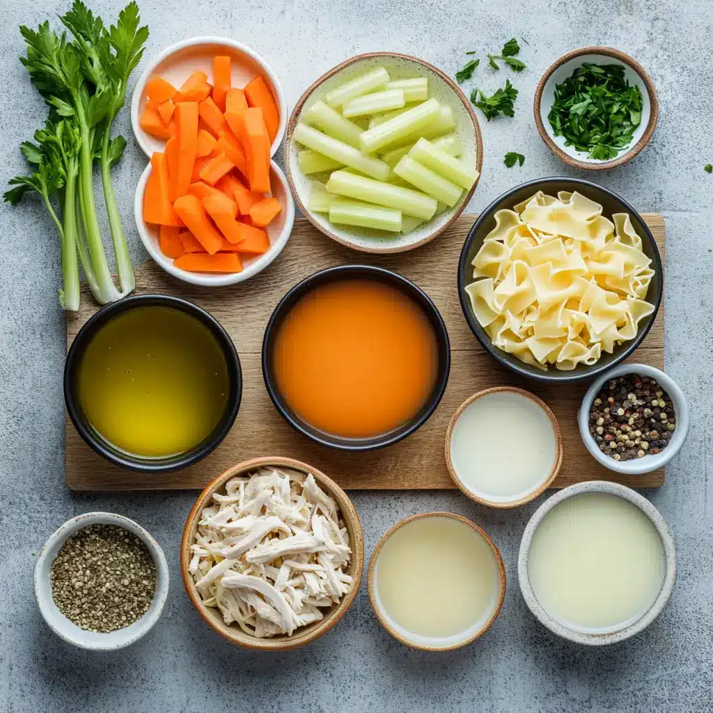 CLASSIC CHICKEN NOODLE SOUP RECIPE centered hero view, clean and uncluttered