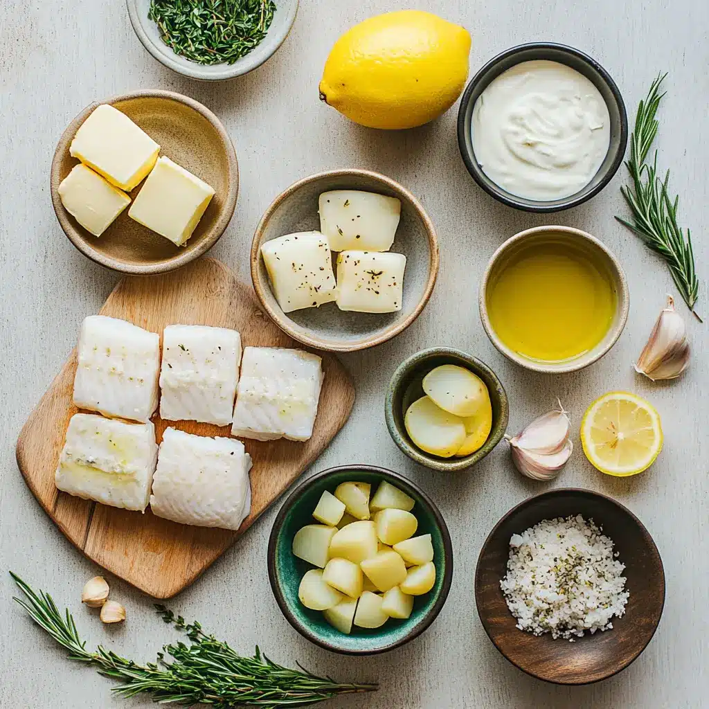COD POTATOES IN ROSEMARY CREAM SAUCE centered hero view, clean and uncluttered