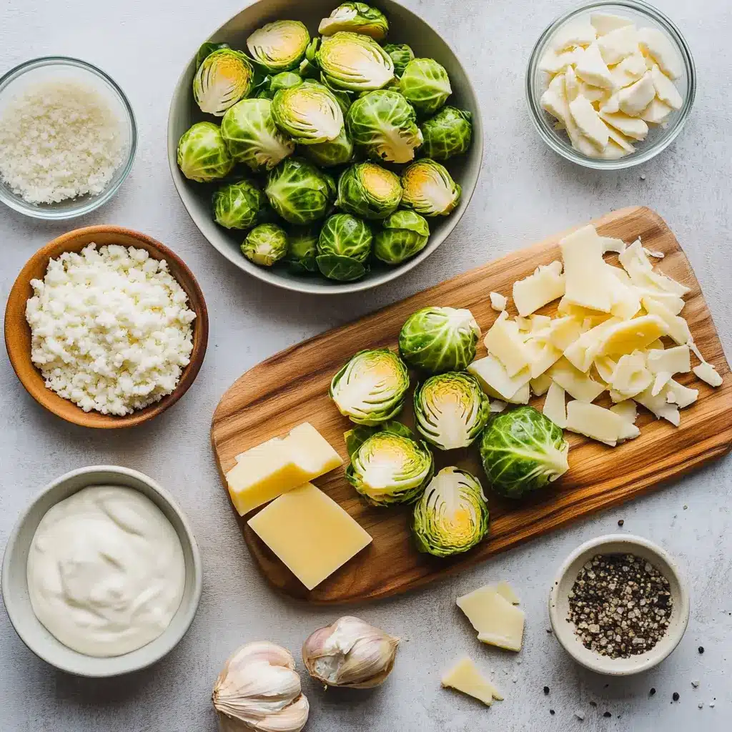 CREAMY BAKED BRUSSELS SPROUTS centered hero view, clean and uncluttered