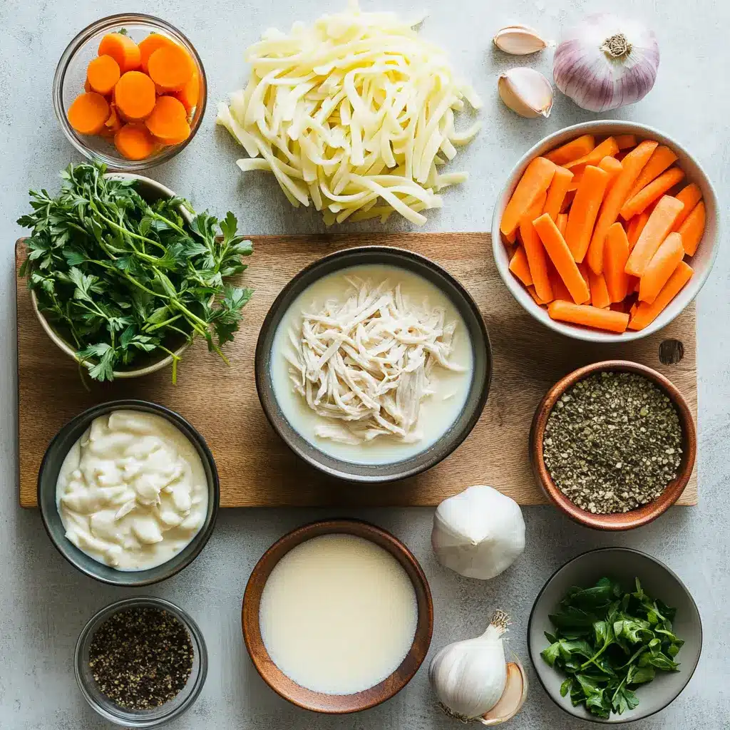 CREAMY CHICKEN NOODLE SOUP centered hero view, clean and uncluttered