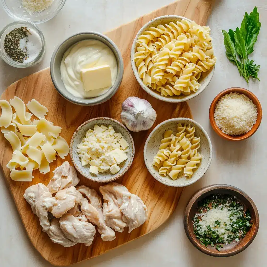 CREAMY GARLIC PARMESAN CHICKEN WITH CHEESY TWISTED PASTA centered hero view, clean and uncluttered