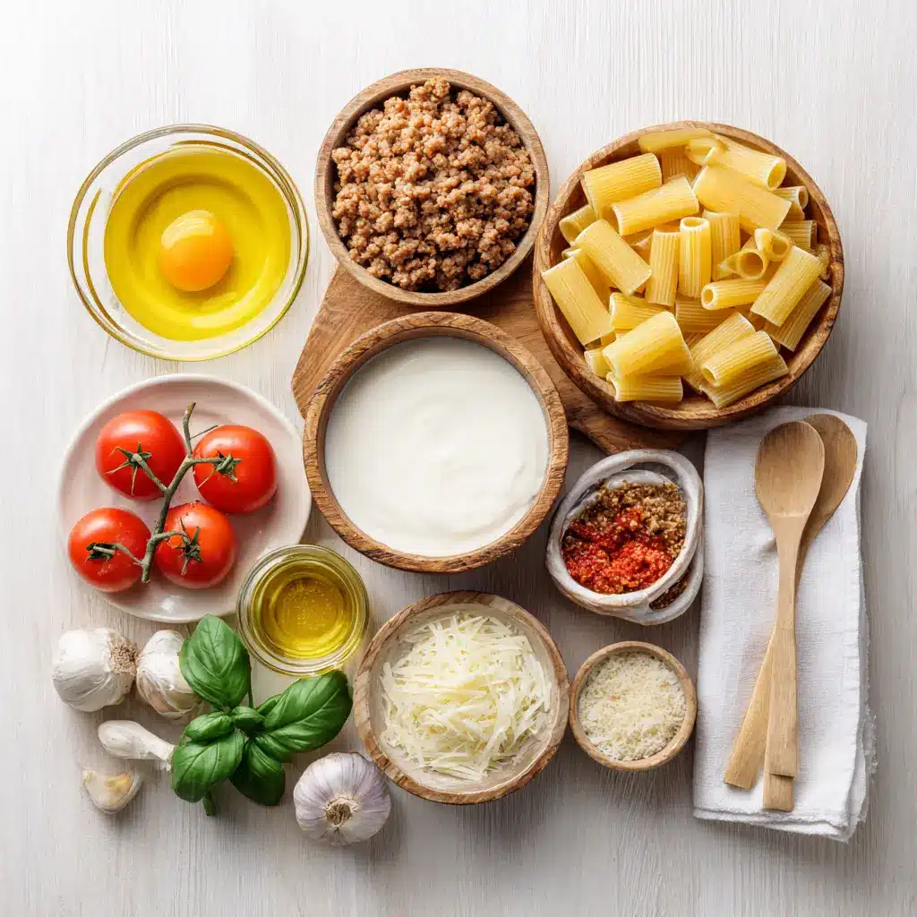 CREAMY ITALIAN SAUSAGE RIGATONI plated with creamy white sauce basil oregano and grated cheese