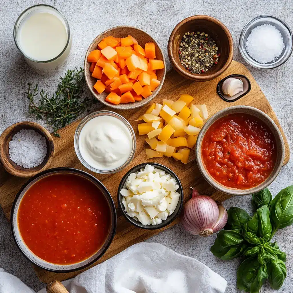 CREAMY TOMATO SOUP in a creamy bowl with basil garnish warm inviting main blog image