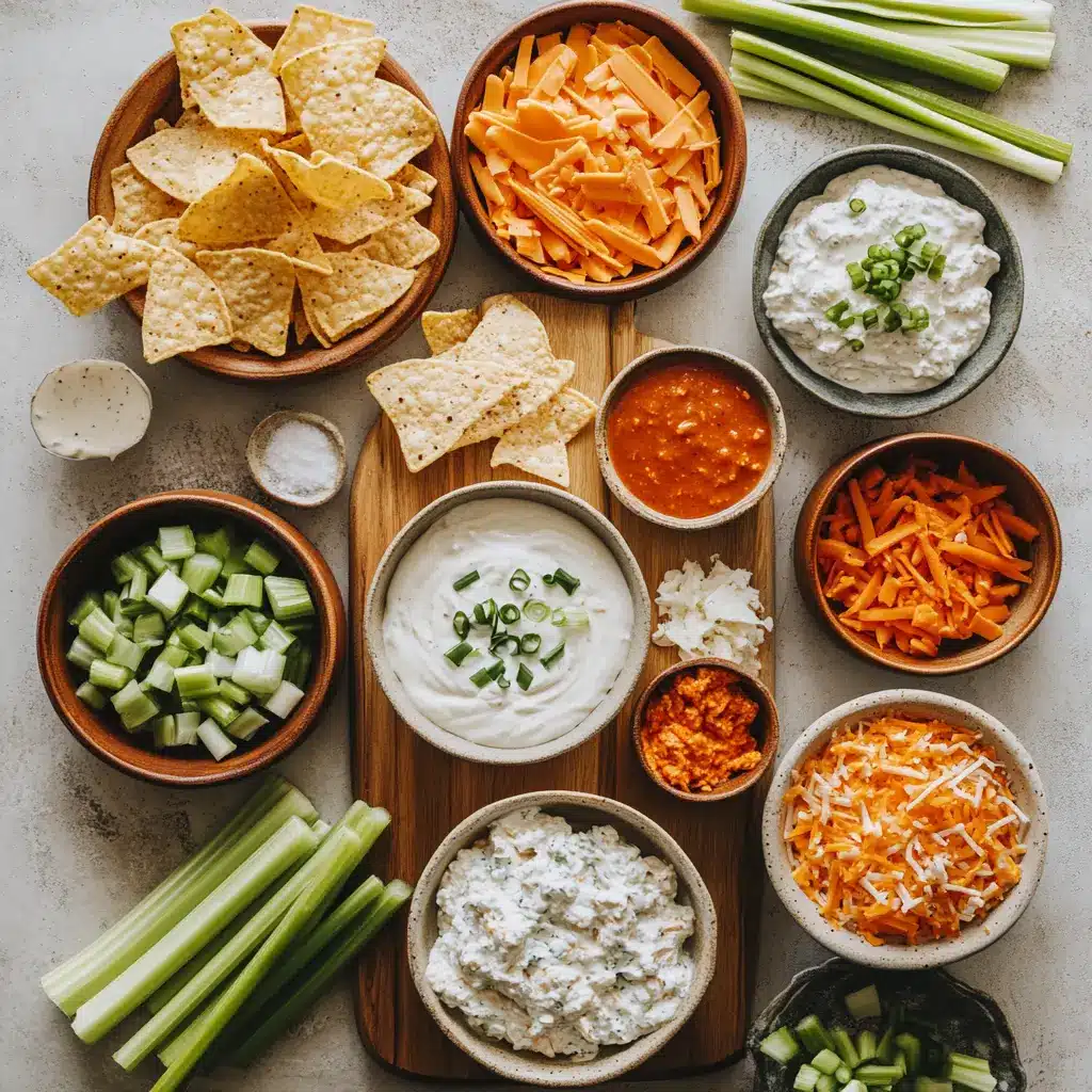 CROCKPOT CREAMY BUFFALO CHICKEN DIP centered hero view, clean and uncluttered