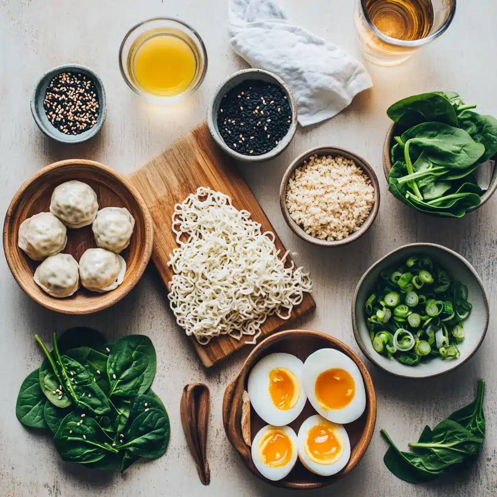 DUMPLING RAMEN BOWL with dumplings ramen eggs spinach green onions black sesame seeds