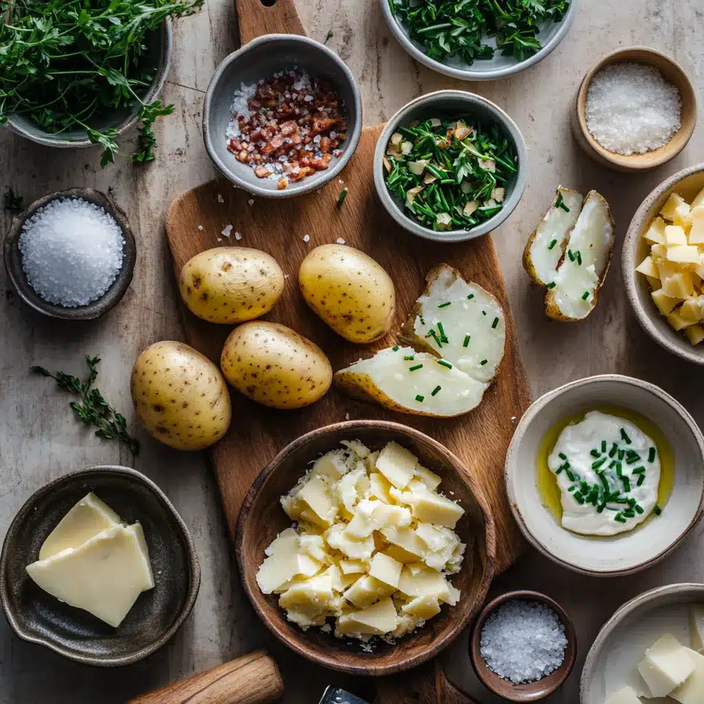 EASY AIR FRYER BAKED POTATO with melted butter chives cheese and bacon on white napkin