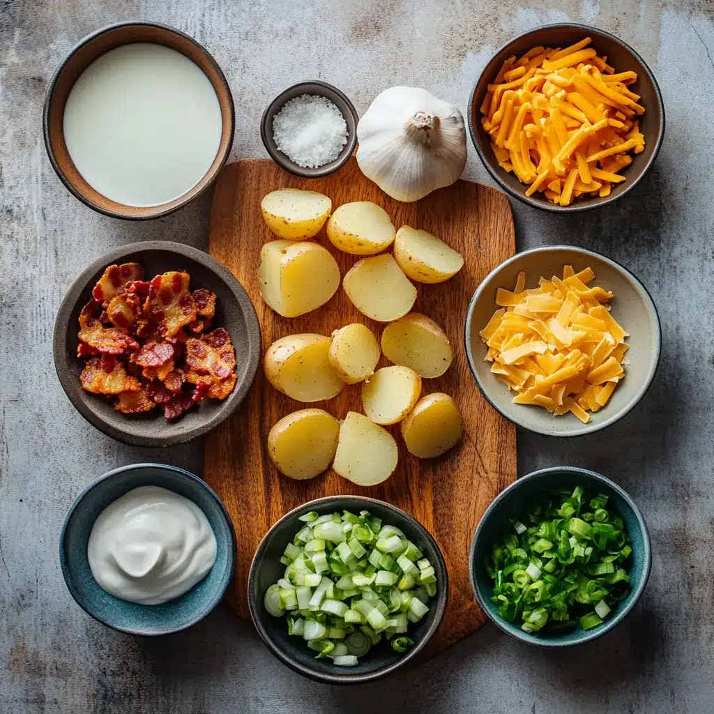 EASY BAKED POTATO SOUP centered hero view, clean and uncluttered