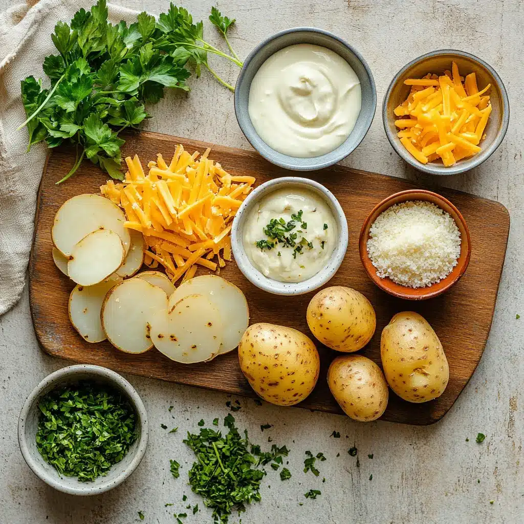 EASY CHEESY RANCH POTATOES AND SMOKED SAUSAGE in warm close up with herbs and melted cheese