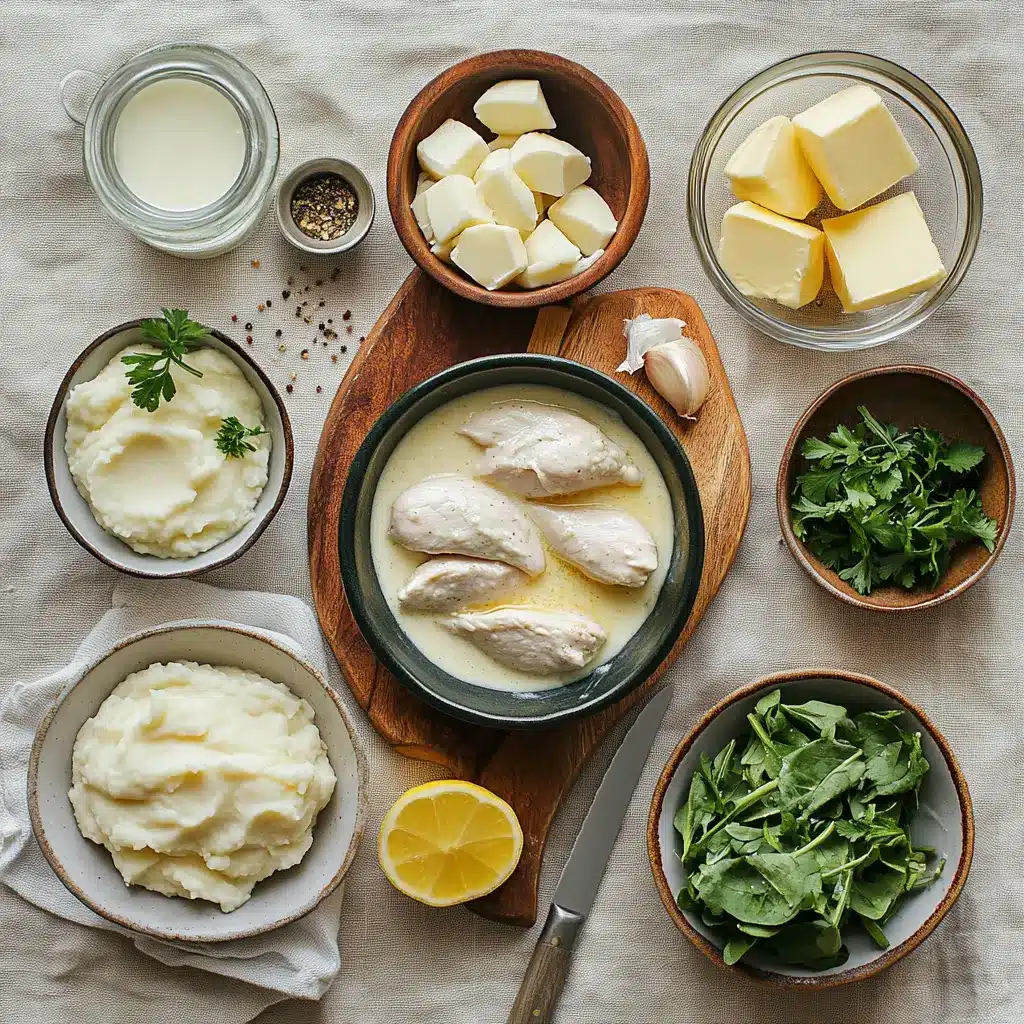 EASY CREAMY GARLIC CHICKEN plated with mashed potatoes steamed greens and lemon wedge