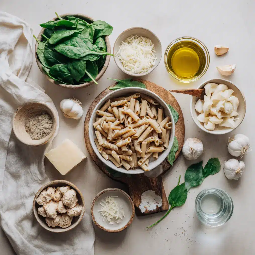 HEALTHY GARLIC PARMESAN CHICKEN PASTA close up plated whole wheat penne with chicken and spinach