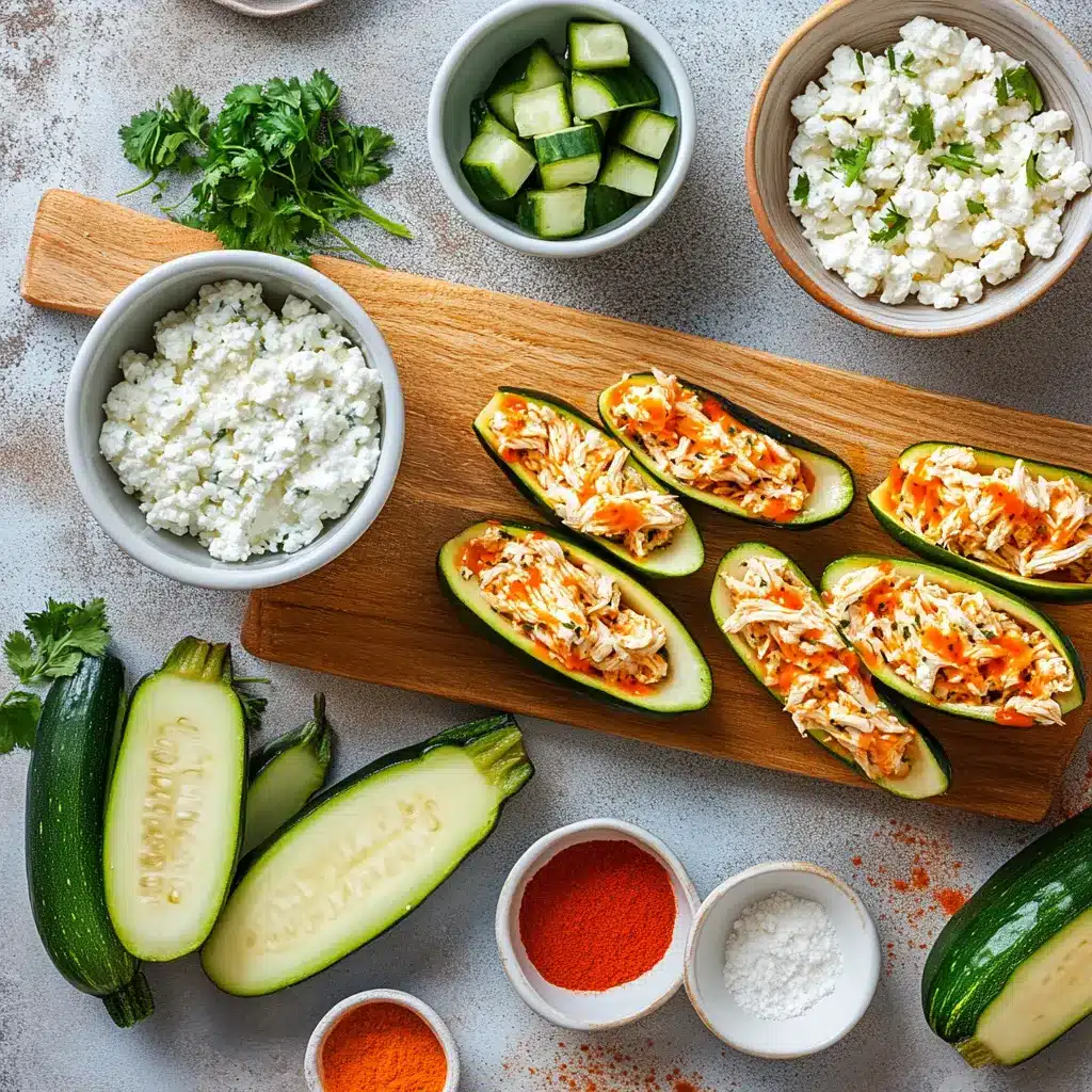 HIGH PROTEIN BUFFALO CHICKEN STUFFED ZUCCHINI BOATS centered hero view, clean and uncluttered