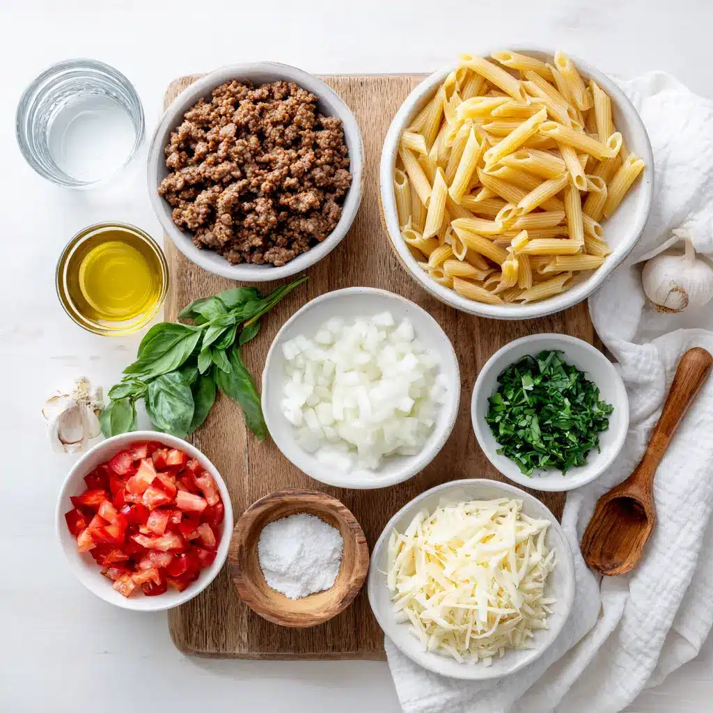 HIGH PROTEIN CREAMY BEEF PASTA RECIPE plated penne with ground beef creamy yogurt sauce fresh herbs