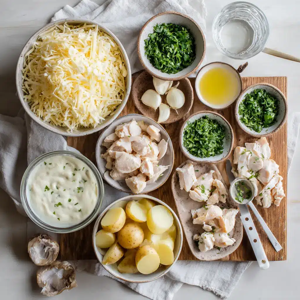 HIGH PROTEIN CREAMY GARLIC CHEESY CHICKEN POTATOES close up plated creamy garlic cheese chicken with potatoes