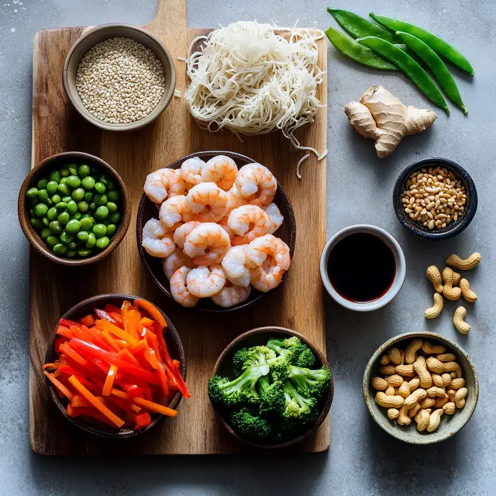 HIGH PROTEIN SHRIMP STIR FRY WITH NOODLES centered hero view, clean and uncluttered