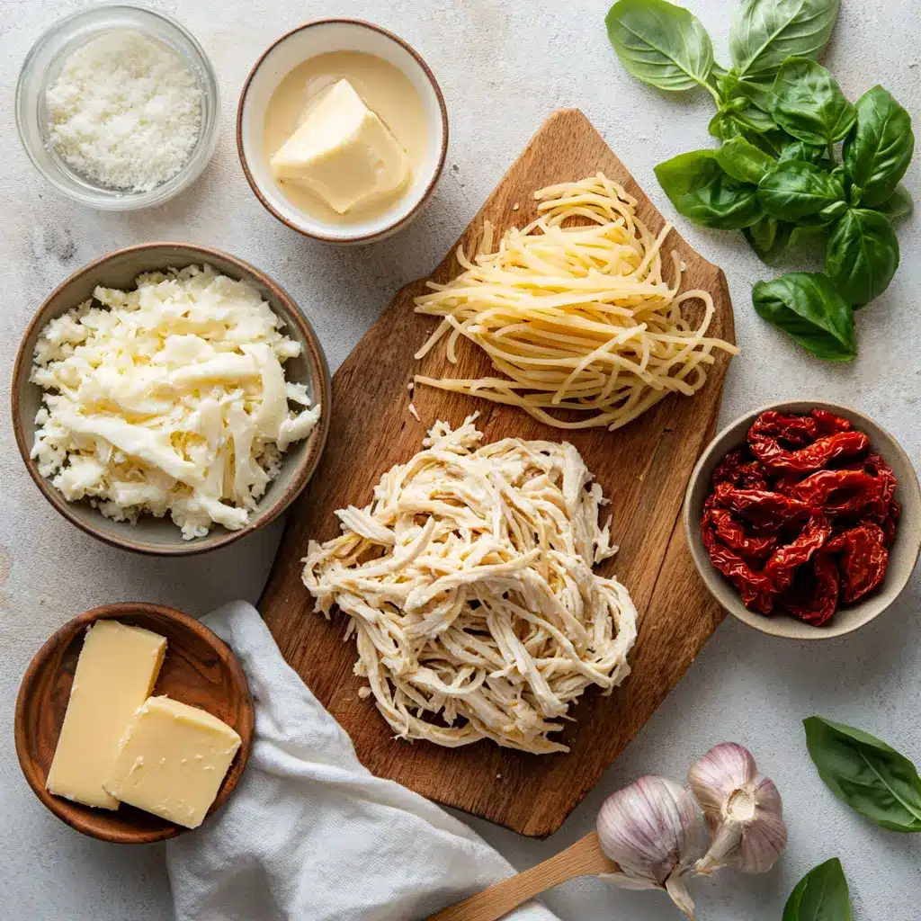 Marry Me Chicken Pasta: Quick and Irresistible Delight 2 MARRY ME CHICKEN PASTA creamy pasta with shredded chicken sun-dried tomatoes basil in warm glow