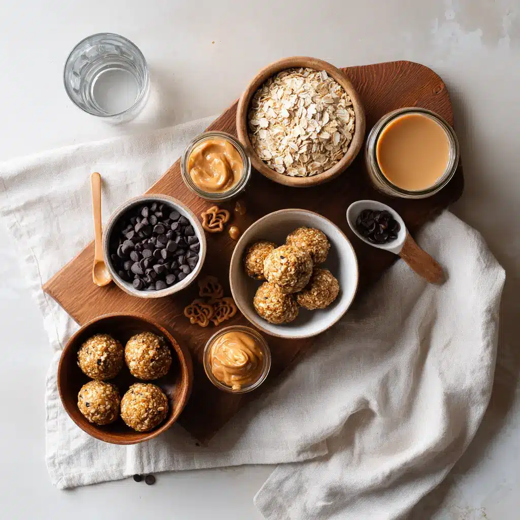 NO BAKE PEANUT BUTTER ENERGY BITES on white napkin with clear glass of water warm tones