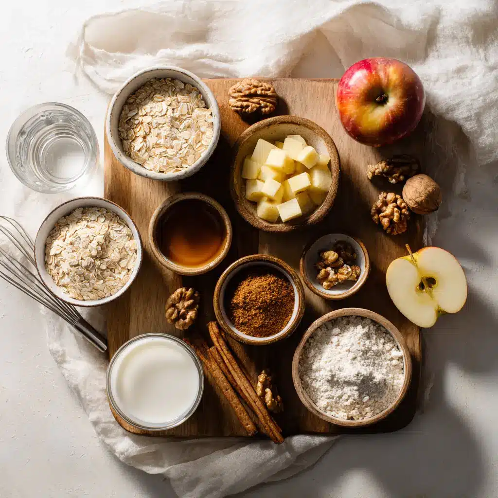 OATMEAL APPLE BREAKFAST BAKE golden baked square with walnuts and cinnamon on white napkin